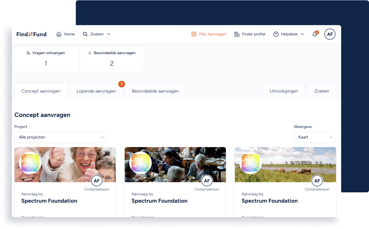 Een screenshot een overzicht van aanvragen op de dashboard pagina van het FindNFund platform