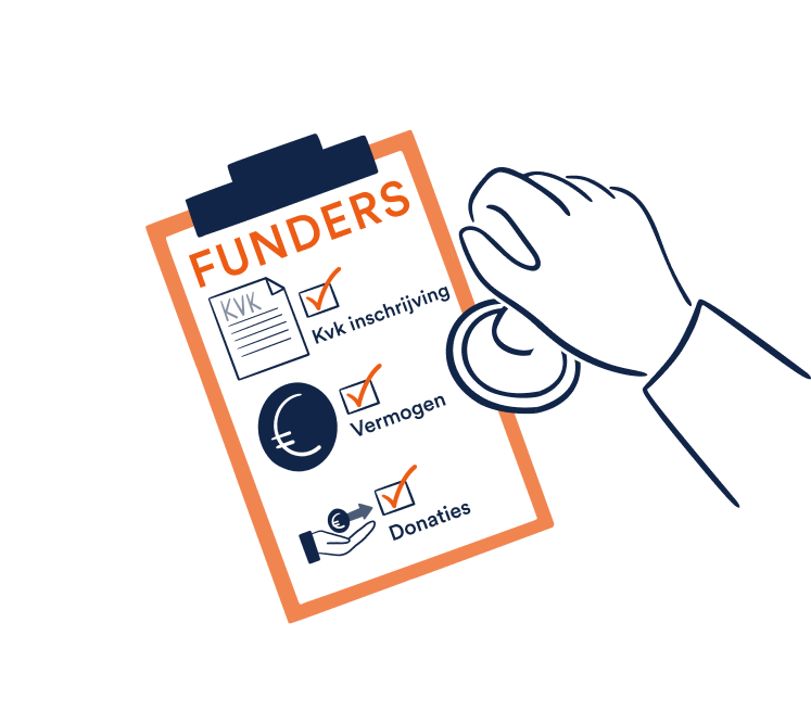 Een geïllustreerde afbeelding van een checklist voor Funders, met een hand met een stempel