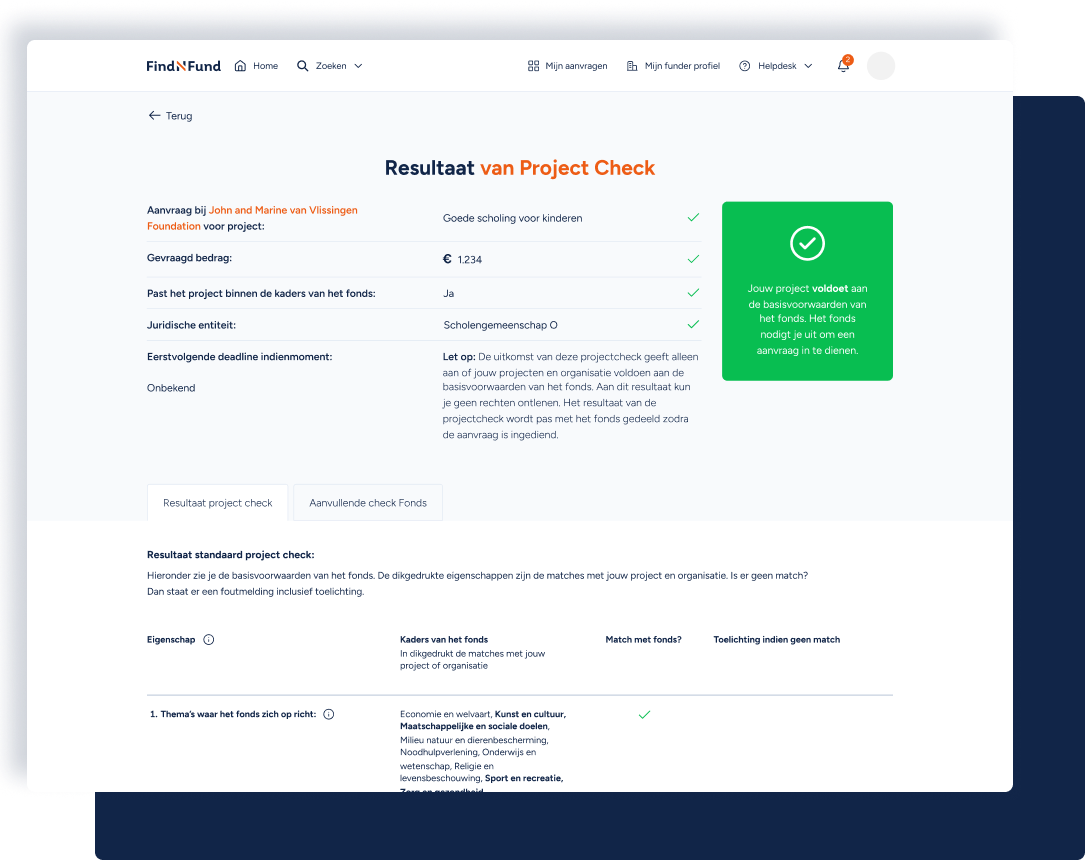 Een screenshot de pagina waar het scherm voor de project check voor een aanvraag op het FindNFund platform wordt weergegeven