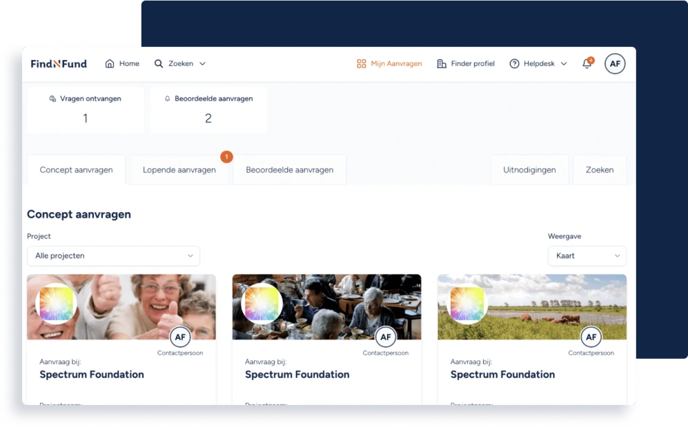 Een screenshot een overzicht van aanvragen op de dashboard pagina van het FindNFund platform