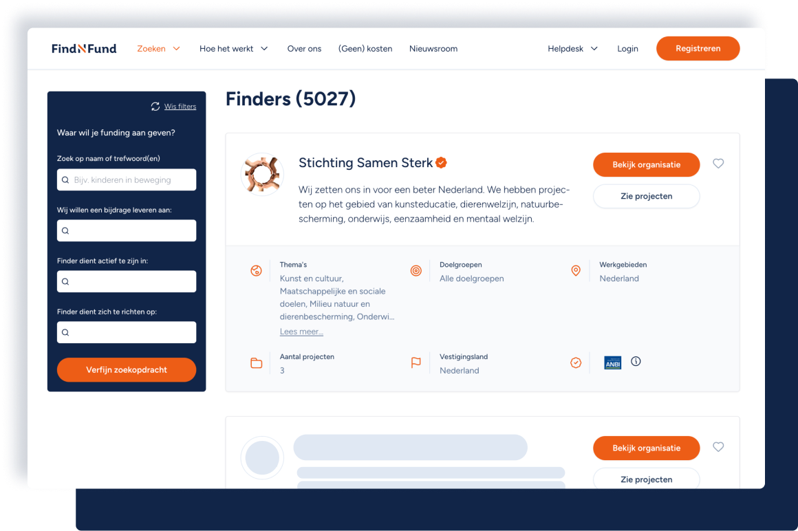 Een screenshot van de zoekpagina voor funders