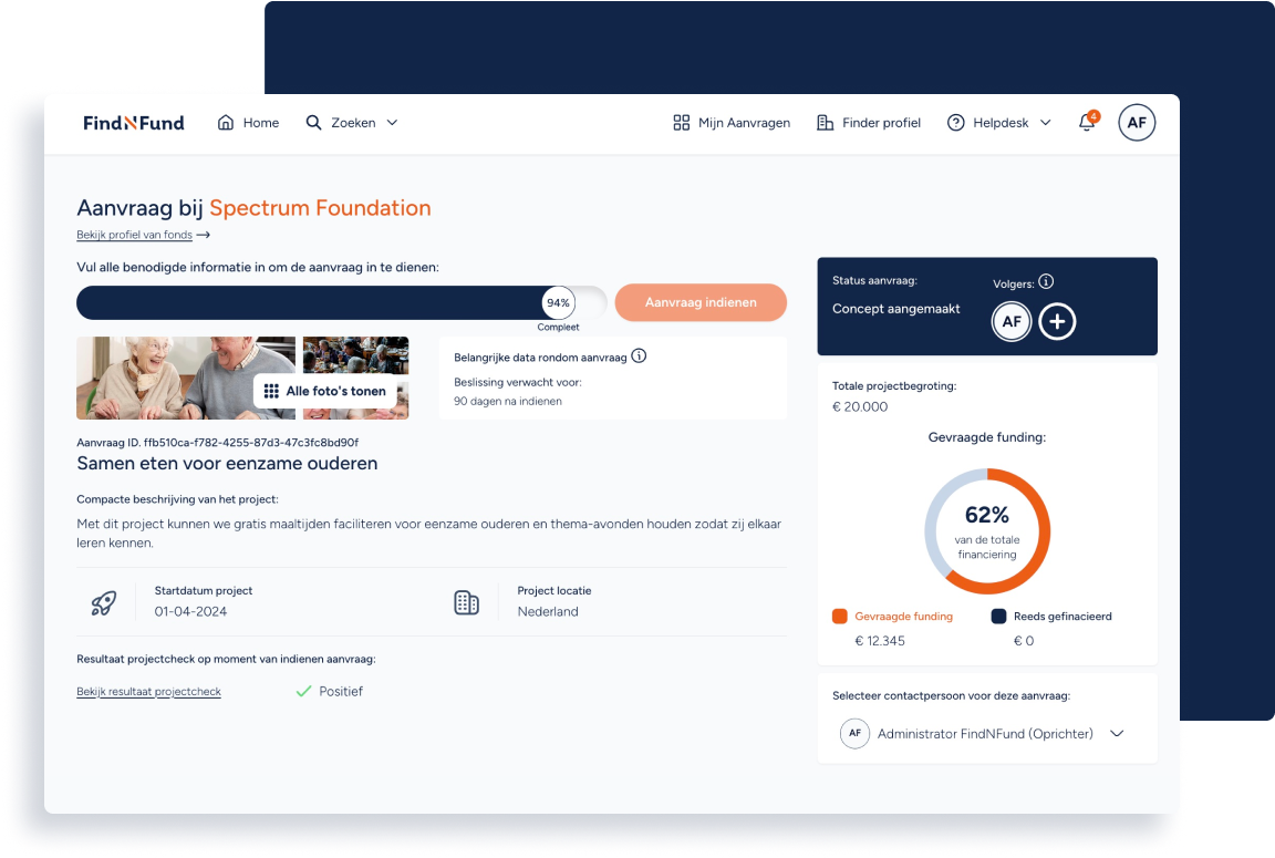 Een screenshot de pagina waar het scherm voor het indienen van een aanvraag op het FindNFund platform wordt weergegeven