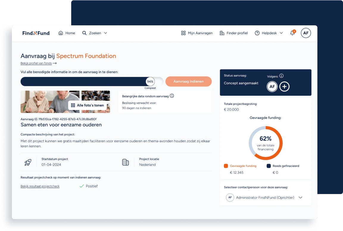 Een screenshot de pagina waar het scherm voor het indienen van een aanvraag op het FindNFund platform wordt weergegeven